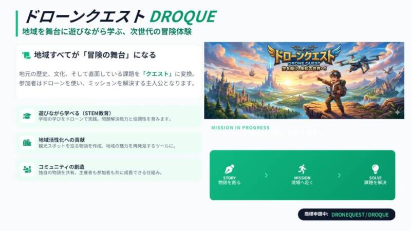次世代の冒険体験「ドローンクエスト（DROQUE）」の紹介。地域の歴史や課題を「クエスト」に変え、ドローンでミッションを解決するアクティビティ。STEM教育としての学び、地域活性化、コミュニティ創造という3つの価値を提案。