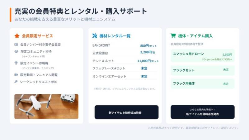 タイトル「充実の会員特典とレンタル・購入サポート」。・会員限定サービス：電子会員証、限定コミュニティ招待、イベント参戦権、限定動画閲覧、シークレットクエスト参加。・機材レンタル：BANGPOINT（880円/セット）、公式設置台（2,200円/台）、テント＆ネット（11,000円/セット）。・機体購入：スマッシュ用ドローン（5,500円、Organizer会員は3,740円〜）。ユーザーの挑戦をソフト・ハードの両面から支える仕組みを説明。