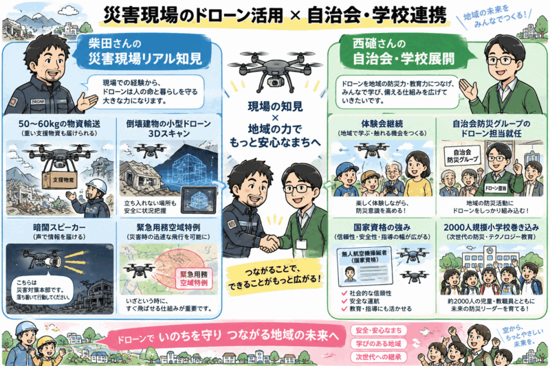 災害現場のドローン活用 × 自治会・学校連携